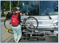 Person loading bike onto bike rack on front of HSR bus
