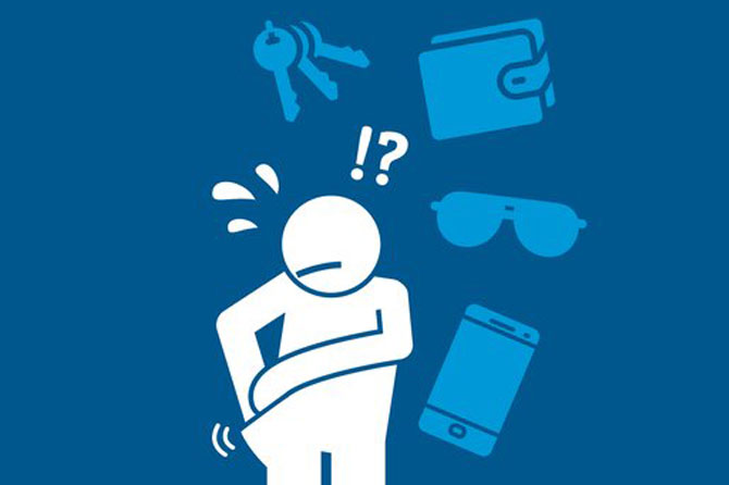 Graphic of person searching in pockets for lost keys, wallet, sunglasses or phone
