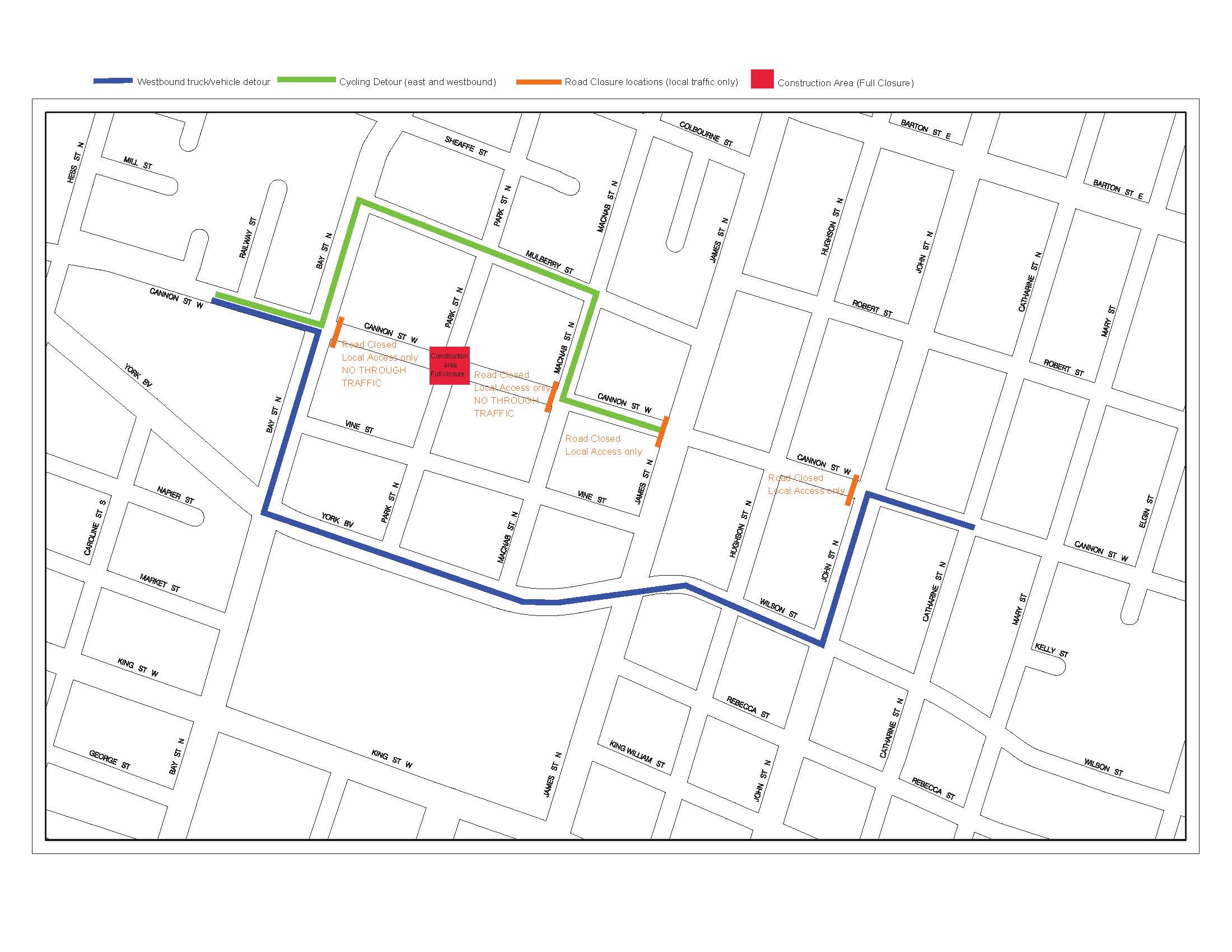 Map of Cannon road closure, between Bay Street North and Cathatrine Street North