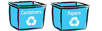 drawing of two blue boxes side by side, one for containers and one for paper
