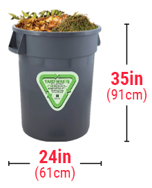 Photo of a yard waste bin filled with yard waste. The bin must not exceed 35" height by 24" width.