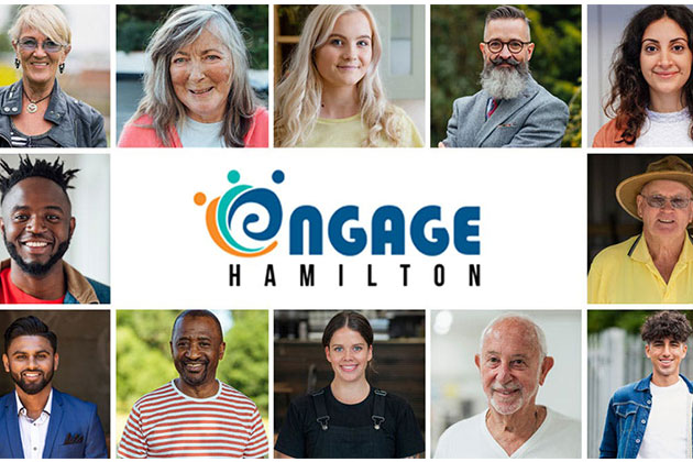 Mosaic of people of  different ages, genders, ethnicity with Engage Hamilton logo in the centre.