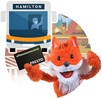 Orange fox puppet holding a Presto Card in front of an illustration of a bus