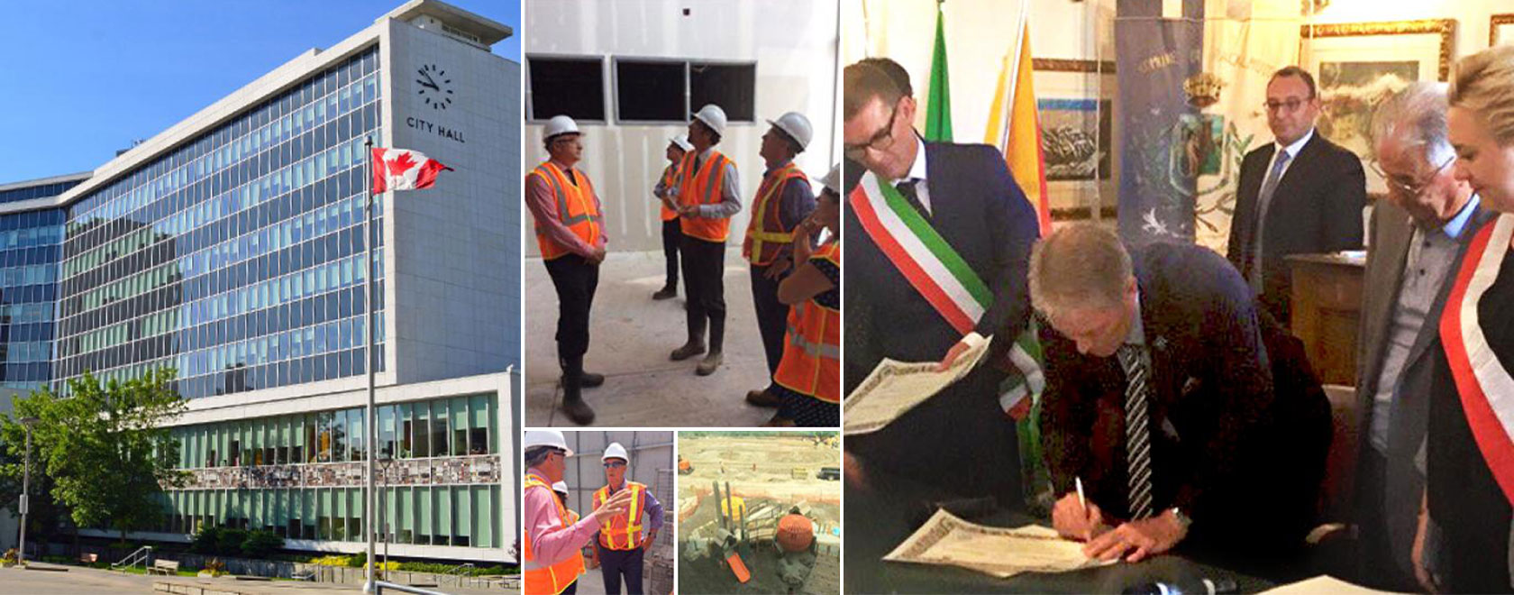 Collage of City Hall, visiting inspectors on a construction site, Mayor signing certificates
