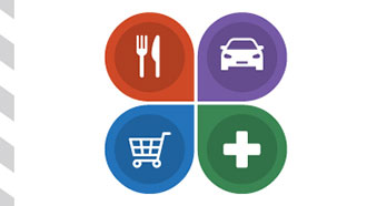 Food recall safety alerts, icons of utensils, car, shopping cart and first aid