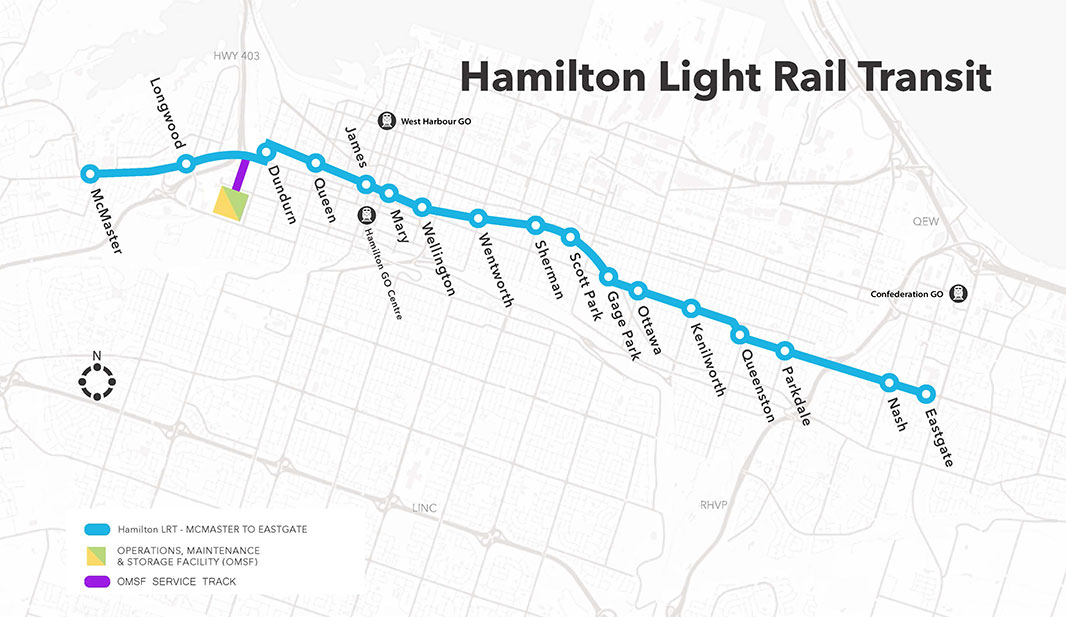 Map for Hamilton Light Rail Transit Route