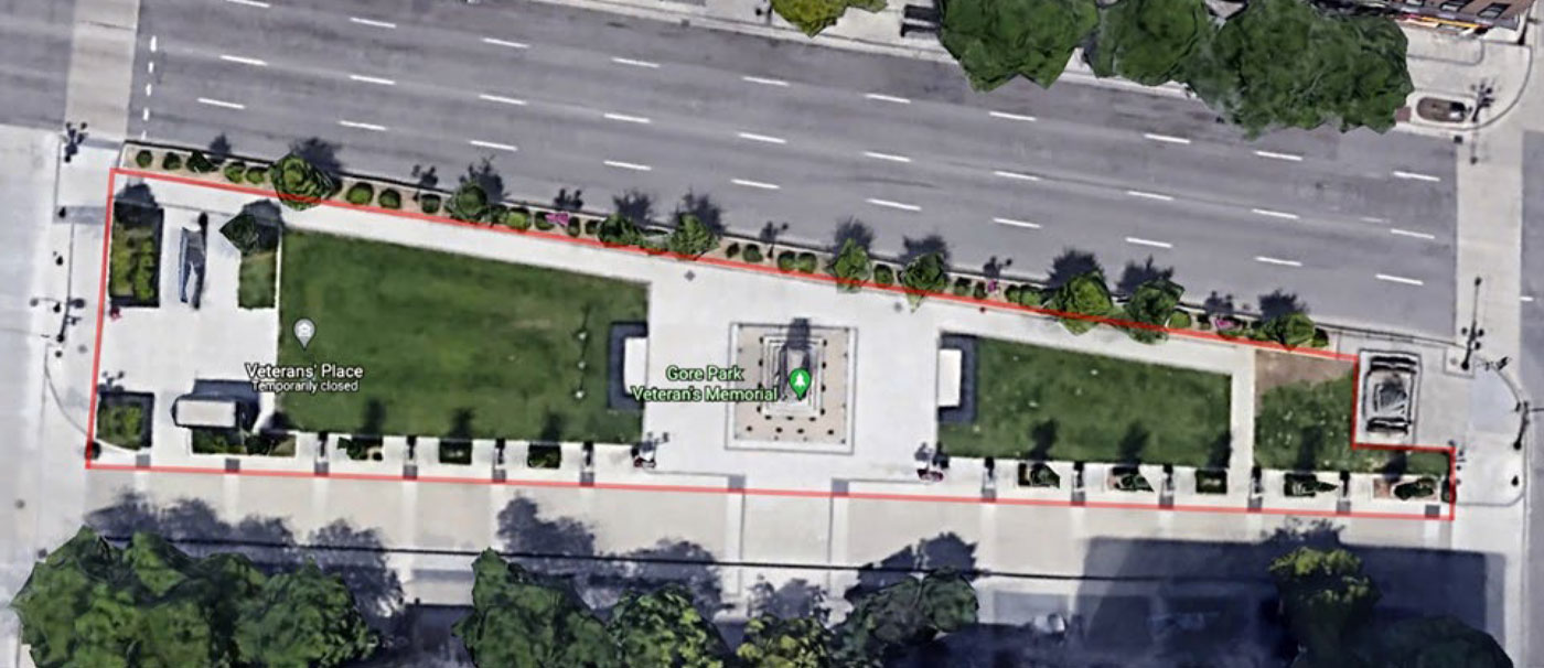 Overhead view of Gore Park Veterans’ Place outlined in red