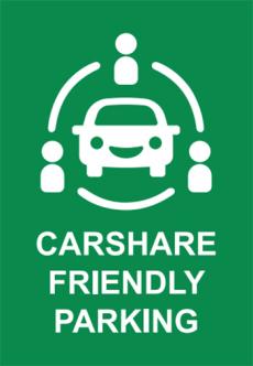 icon of car with text Careshare Friendly Parking on green background